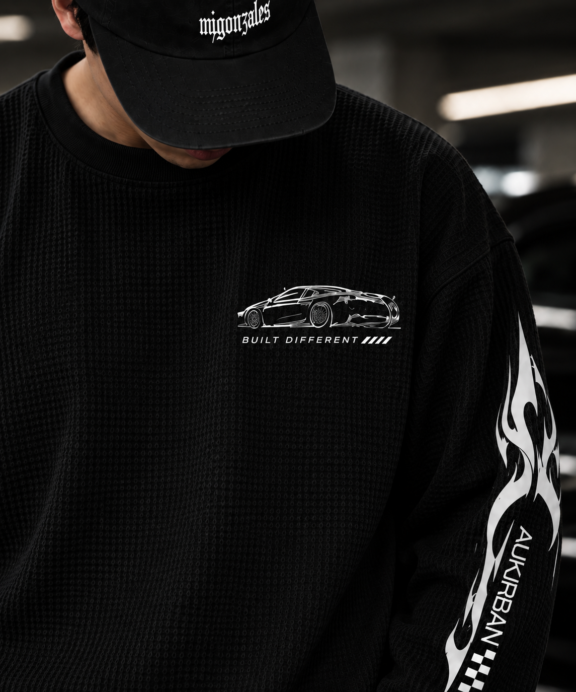 Built Different Waffle Knit Oversized Full Sleeve T-Shirt – Black &mdash; photo 4