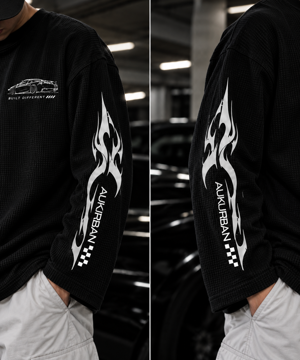 Built Different Waffle Knit Oversized Full Sleeve T-Shirt – Black &mdash; photo 2