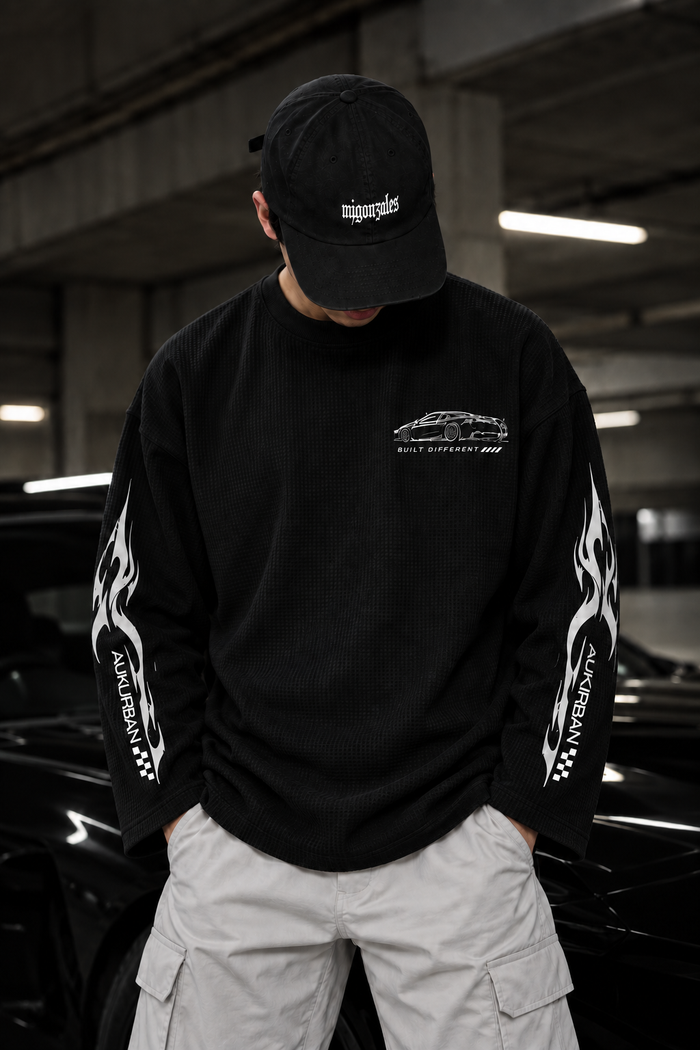 Built Different Waffle Knit Oversized Full Sleeve T-Shirt – Black