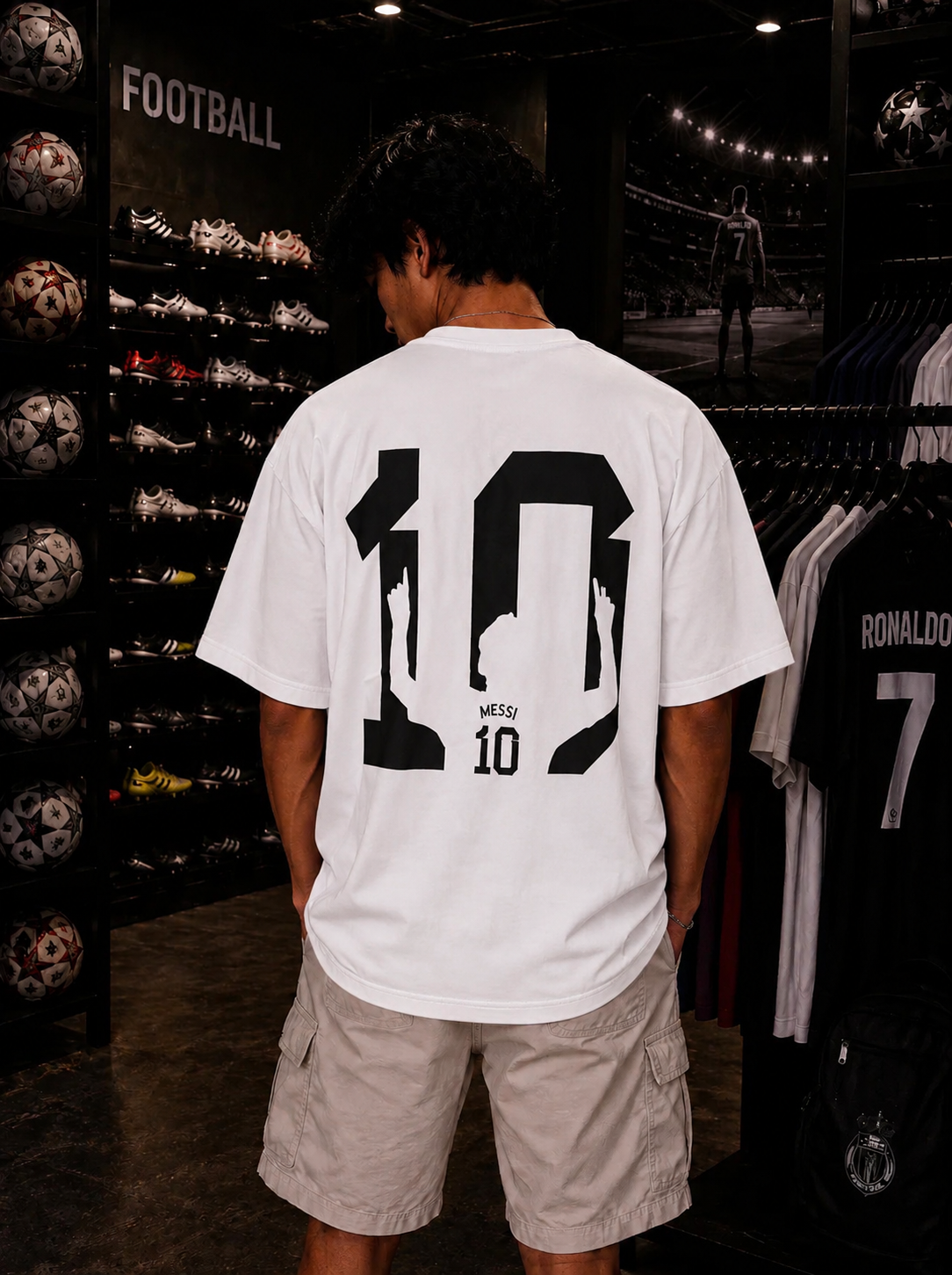 Messi Shadow White Oversized Tee – Legendary Football Edition
