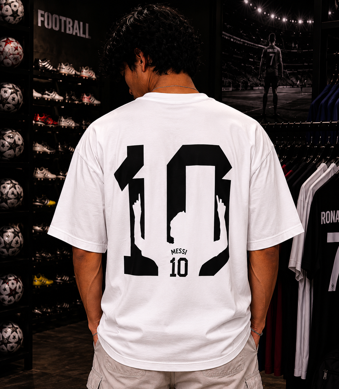 Messi Shadow White Oversized Tee – Legendary Football Edition