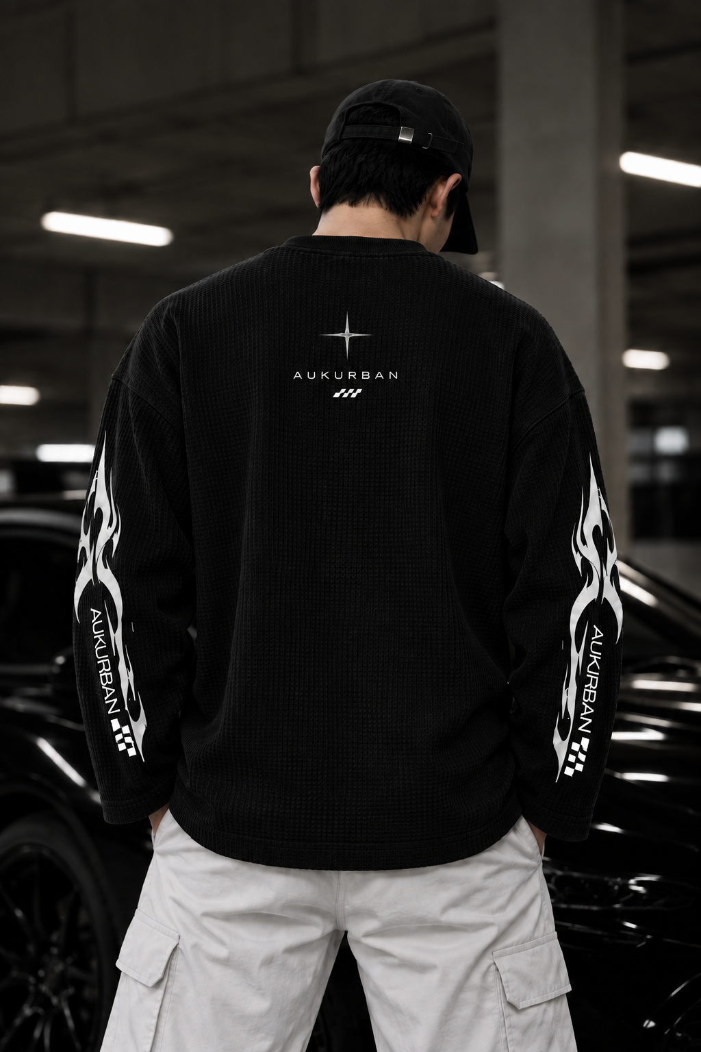 Built Different Waffle Knit Oversized Full Sleeve T-Shirt – Black &mdash; photo 5