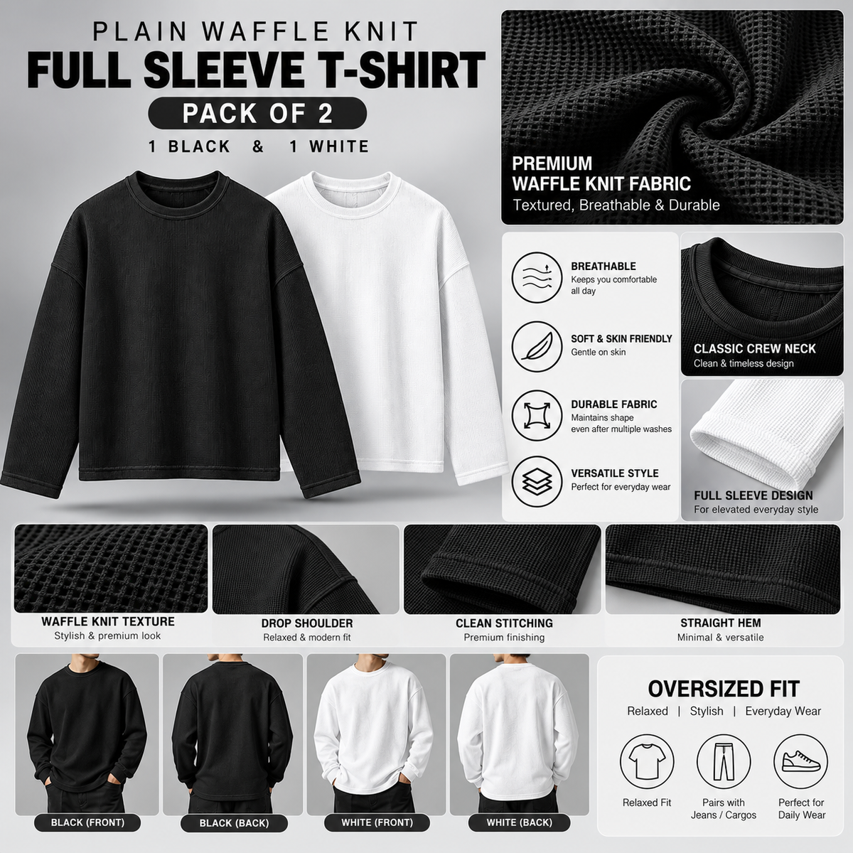 Waffle Tee With Long Sleeve (Pack of 2) <br> <br> 1 Black & 1 White Combo &mdash; photo 5