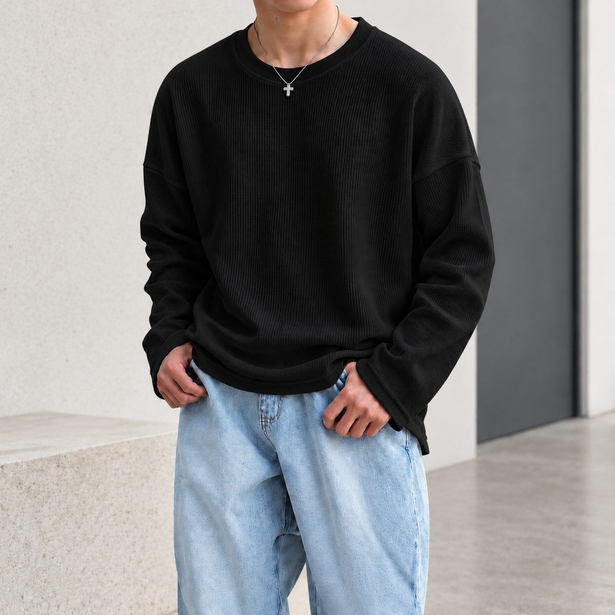 Waffle Tee With Long Sleeve (Pack of 2) <br> <br> 1 Black & 1 White Combo &mdash; photo 2