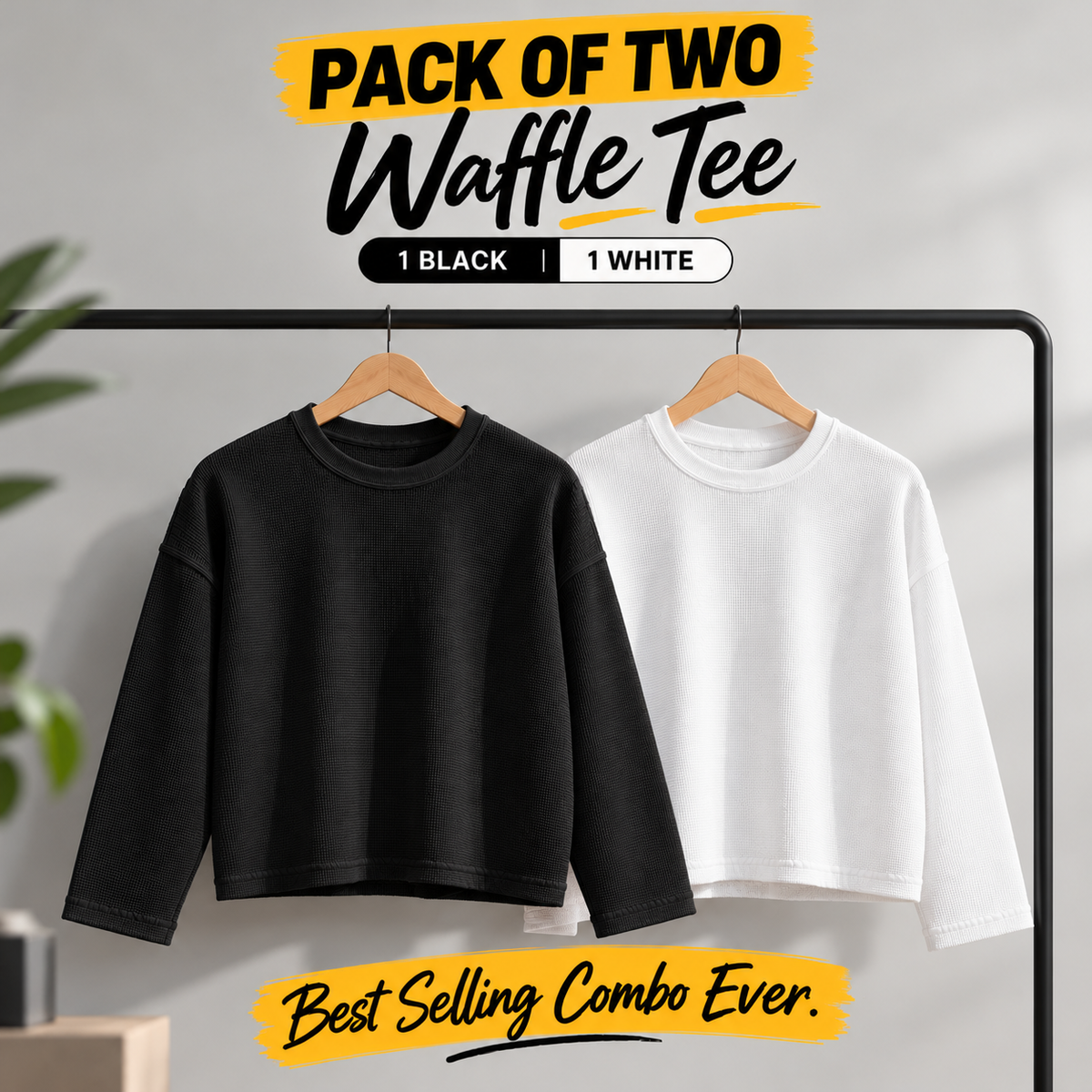 Waffle Tee With Long Sleeve (Pack of 2) <br> <br> 1 Black & 1 White Combo &mdash; photo 1