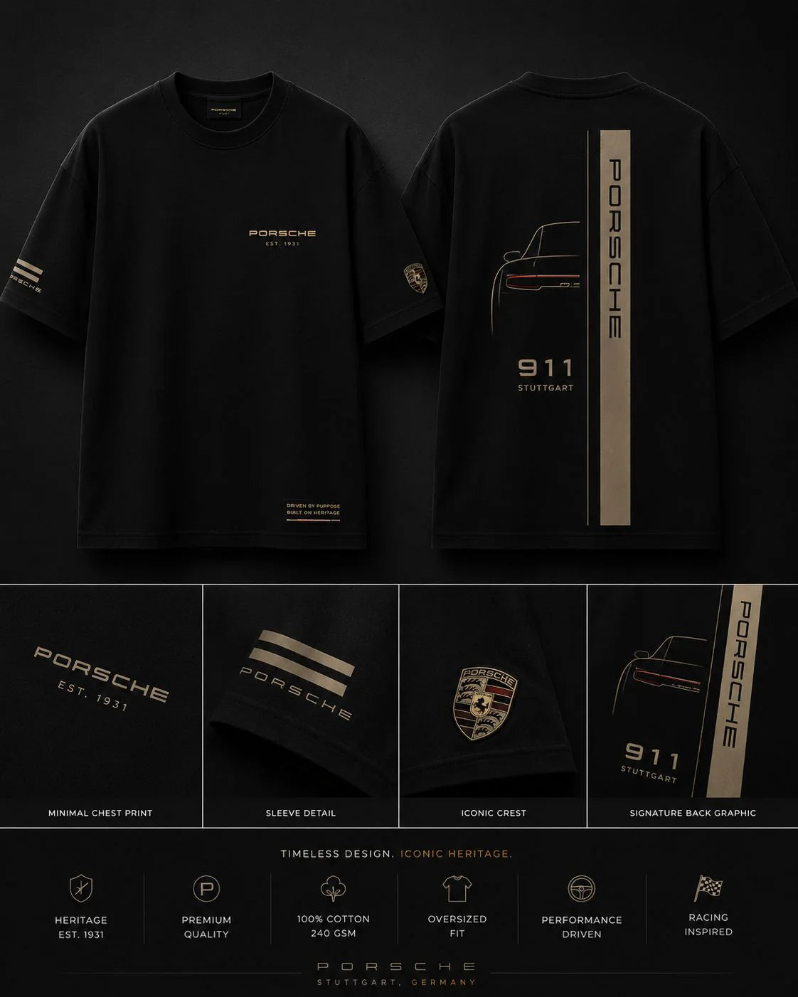 Porsche 911 Stuttgart Oversized Black T-Shirt | Premium Motorsport Streetwear