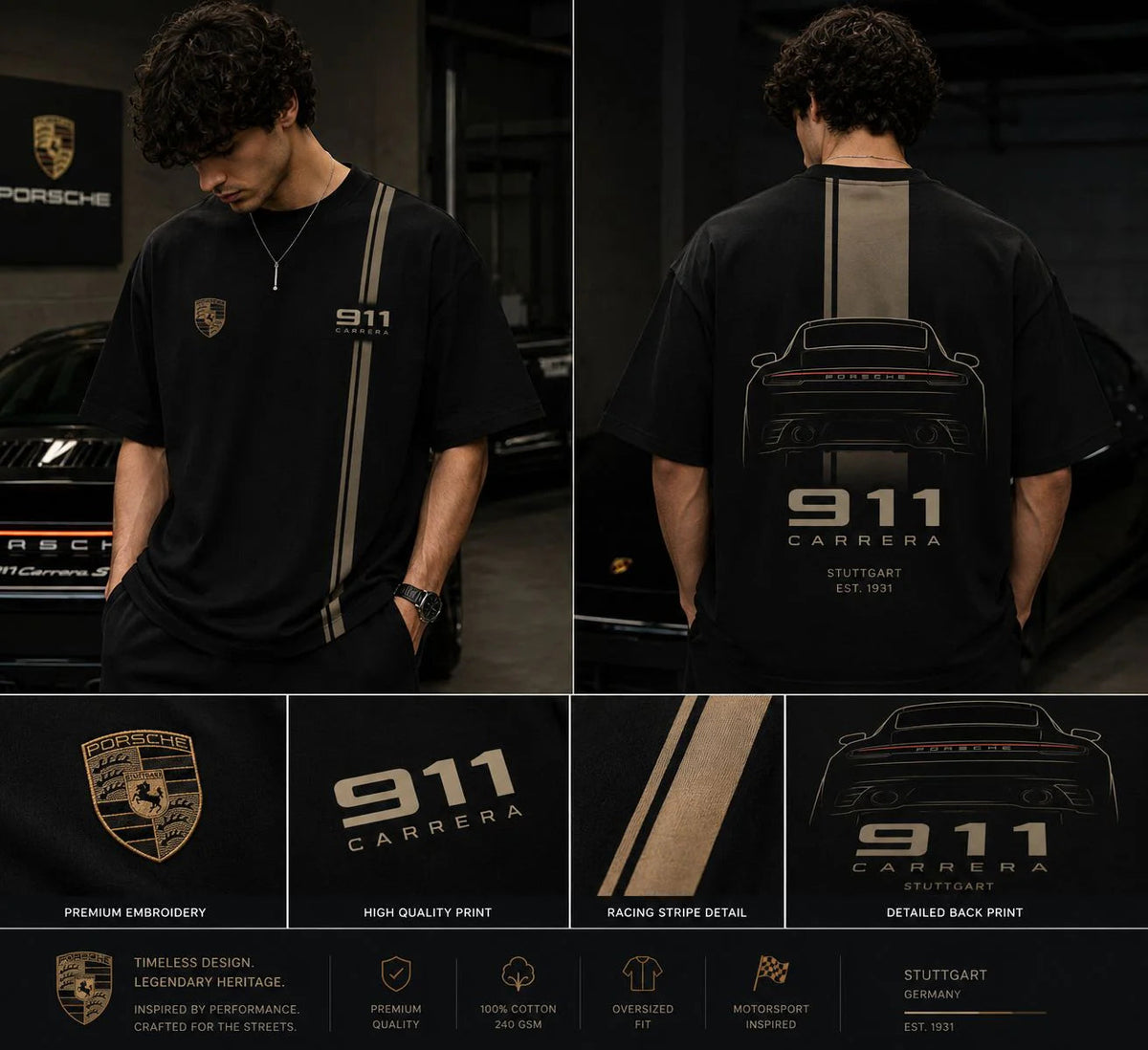 Porsche 911 Heritage Oversized Black T-Shirt | Premium Automotive Streetwear