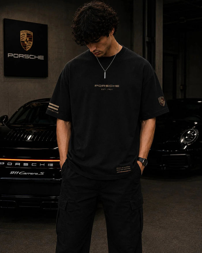 Porsche 911 Stuttgart Oversized Black T-Shirt | Premium Motorsport Streetwear