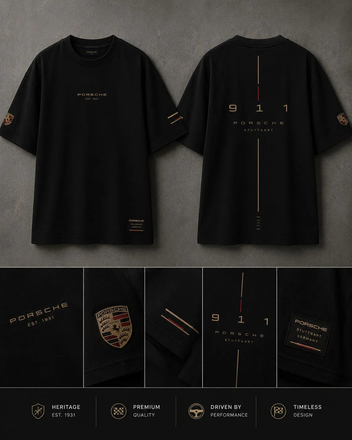 Porsche Heritage Oversized Black T-Shirt | Premium Heavyweight Cotton Streetwear